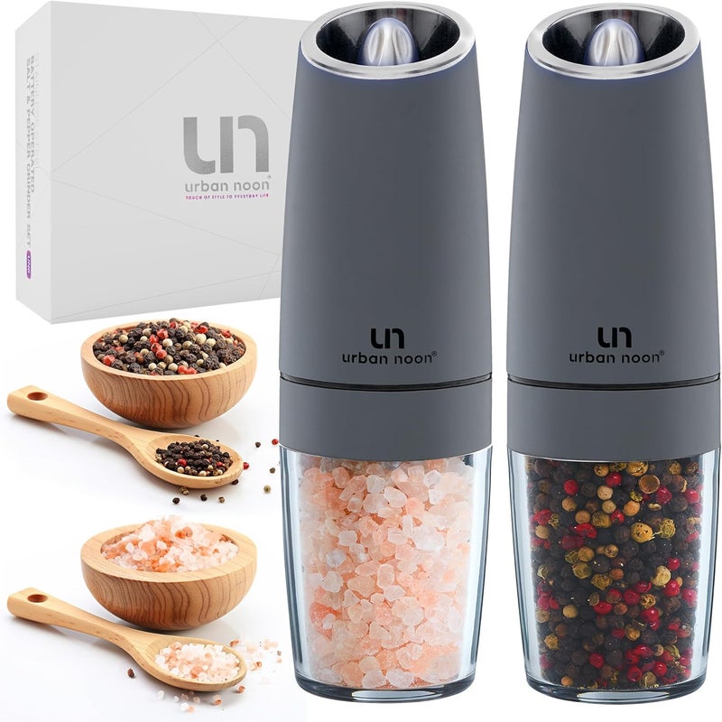 urban noon Gravity Salt and Pepper Grinder Set - Battery Operated Electric Grinders with Light (2 Matte Gray Mills) - Automatic One Handed Operation - Electronic Adjustable Shakers - Ceramic Grinders - Image 1